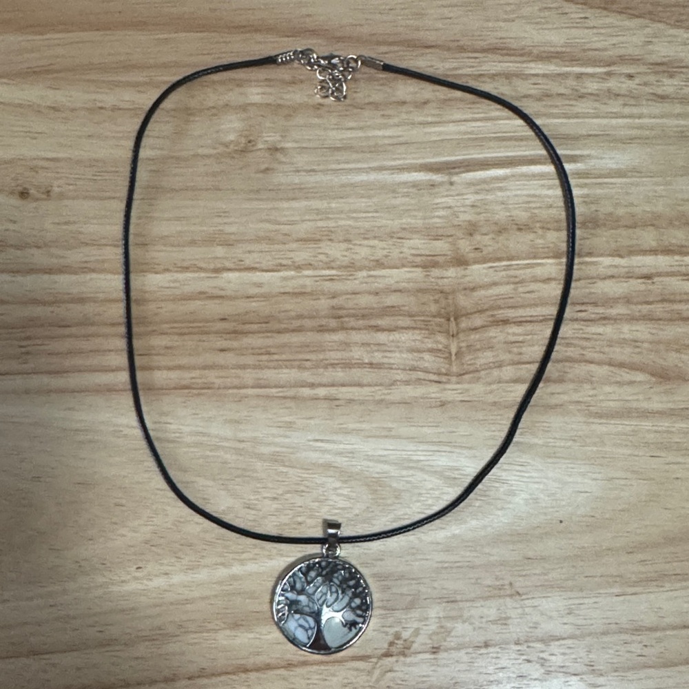 Silver Tree of Life Pendant Necklace in Black Cord